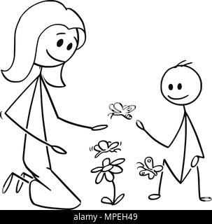 Cartoon of Mother and Son Watching Flowers and Butterflies Stock Vector