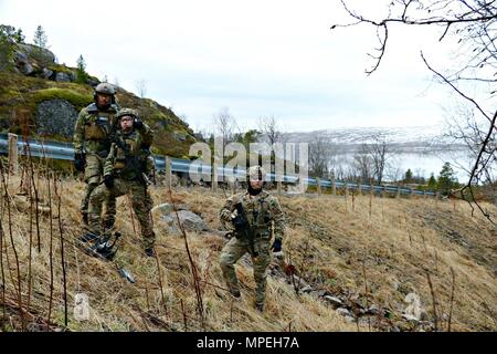 170214-N-N0901-006 RAMSUND, Norway (Feb. 14, 2017) Members assigned to Platoon 802, Explosive Ordnance Disposal Mobile Unit (EODMU) 8’s Mine Countermeasure platoon, conduct dismounted counter-improvised explosive device operations.  An adaptive force package commanded by Commander, Task Group 68.1, EODMU 8 is participating in Exercise Arctic Specialist 2017, a multi-national EOD exercise conducted in the austere environments of northern Norway. U.S. 6th Fleet, headquartered in Naples, Italy, conducts the full spectrum of joint and naval operations, often in concert with allied, joint, and inte Stock Photo