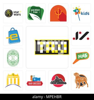 Set Of 13 simple editable icons such as taksi, rottweiler, kart, hair dresser, banque, mms, celtic tree of life, jz, eshop can be used for mobile, web Stock Vector