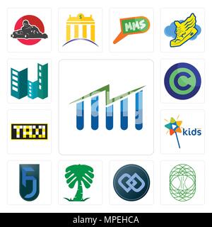 Set Of 13 simple editable icons such as free stock, celtic tree of life, double d, saudi palm, jf, kids channel, taksi, copyright free, construction c Stock Vector