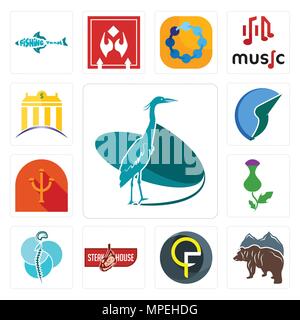 Set Of 13 simple editable icons such as heron, free bear, qf, steakhouse, neurosurgery, thistle, psi, trading co, banque can be used for mobile, web U Stock Vector