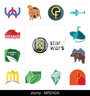Set Of 13 simple editable icons such as star wars, psi, rams, stevia, banque, free bear, paraben free, heron, piranha can be used for mobile, web UI Stock Vector