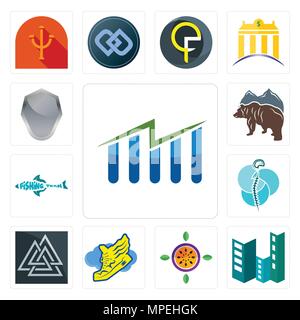 Set Of 13 simple editable icons such as free stock, construction, passion fruit, shoe with wings, valknut, neurosurgery, fishing team, bear, shield ca Stock Vector