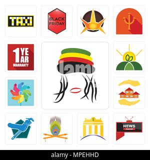 Set Of 13 simple editable icons such as rastaman, all news channel, banque, krishna, plumber, realtor, pinwheel, agro, 1 year warranty can be used for Stock Vector