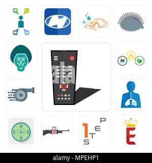 Set Of 13 simple editable icons such as tv remote, e crown, step 1, gun shop, estimate, inflammation, turbo, commodities, baboon can be used for mobil Stock Vector