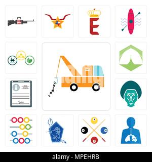 Set Of 13 simple editable icons such as tow truck, inflammation, snooker, neptune, abacus, baboon, personal details, marquee, commodities can be used  Stock Vector