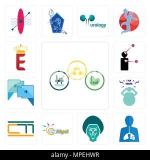 Set Of 13 simple editable icons such as commodities, inflammation, baboon, preschool, , obesity, video call, symptoms, e crown can be used for mobile, Stock Vector