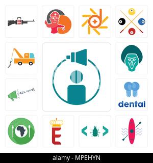 Set Of 13 simple editable icons such as campaign management, kayak, software bug, e crown, hunger, dental, call now, baboon, tow truck can be used for Stock Vector