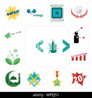 Set Of 13 simple editable icons such as software bug, 20% off, veteran, crossed skis, masjid, high performance, antioxidant, symptoms, call now can be Stock Vector