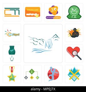 Set Of 13 simple editable icons such as waterfall, crossed skis, handball, order management, veteran, cholesterol, abortion, outlaw, preschool can be  Stock Vector