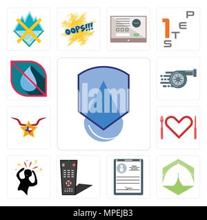 Set Of 13 simple editable icons such as waterproof, marquee, personal details, tv remote, panic, appetite, texas star, turbo, no water can be used for Stock Vector