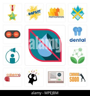 Set Of 13 simple editable icons such as no water, soon, online form, panic, catering, antioxidant, campaign management, dental, convert can be used fo Stock Vector