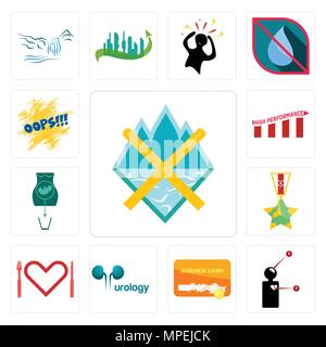 Set Of 13 simple editable icons such as crossed skis, symptoms, scratch card, urology, appetite, veteran, abortion, high performance, oops can be used Stock Vector