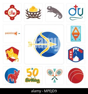 Set Of 13 simple editable icons such as sagittarius, cricket ball, badminton, 50th birthday, french bulldog, democratic party, knight on horse, ap, pa Stock Vector
