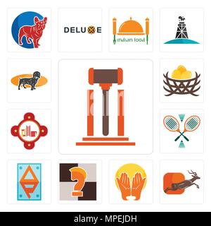 Set Of 13 simple editable icons such as legal, antelope, prayer hands, chess knight, ap, badminton, fire station, bird nest, dachshund can be used for Stock Vector