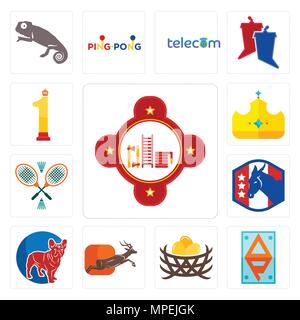 Set Of 13 simple editable icons such as fire station, ap, bird nest, antelope, french bulldog, democratic party, badminton, royal, no.1 can be used fo Stock Vector