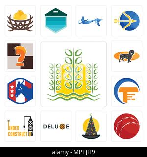Set Of 13 simple editable icons such as paddy, cricket ball, wizard hat, deluxe, under construction, traders, democratic party, dachshund, chess knigh Stock Vector