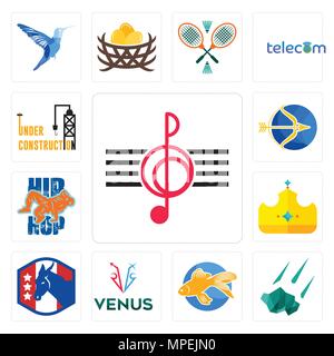 Set Of 13 simple editable icons such as treble clef, meteorite, goldfish, venus, democratic party, royal, hip hop, sagittarius, under construction can Stock Vector