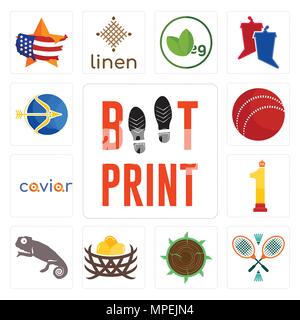 Set Of 13 simple editable icons such as boot print, badminton, sawmill, bird nest, chameleon, no.1, caviar, cricket ball, sagittarius can be used for  Stock Vector