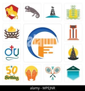 Set Of 13 simple editable icons such as traders, garage door, badminton, prayer hands, 50th birthday, wizard hat, dr., legal, bird nest can be used fo Stock Vector