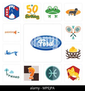 Set Of 13 simple editable icons such as f, knight on horse, pisces, chess knight, upward, bird nest, mermaid, badminton, painting company can be used  Stock Vector
