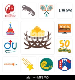 Set Of 13 simple editable icons such as bird nest, democratic party, welder, shooting stars, painting company, 50th birthday, dr., 100 guarantee, 1st  Stock Vector