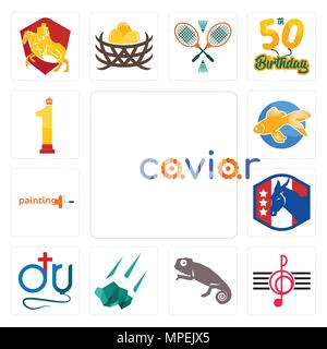 Set Of 13 simple editable icons such as caviar, treble clef, chameleon, meteorite, dr., democratic party, painting company, goldfish, no.1 can be used Stock Vector