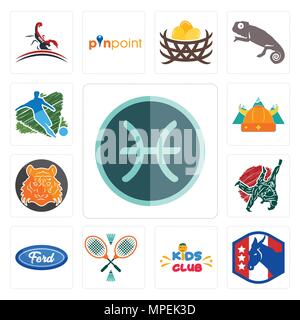 Set Of 13 simple editable icons such as pisces, democratic party, kids club, badminton, f, judo, bengal tiger, norse, football can be used for mobile, Stock Vector