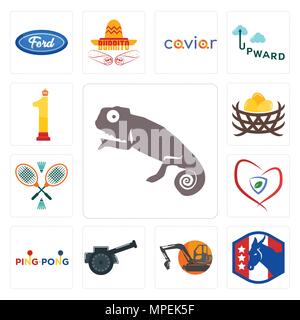 Set Of 13 simple editable icons such as chameleon, democratic party, digger, cannon, ping pong, insurance, badminton, bird nest, no.1 can be used for  Stock Vector