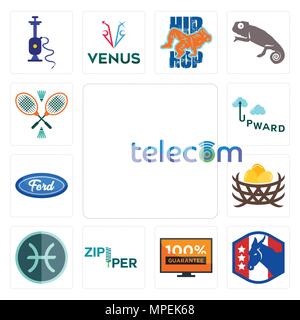 Set Of 13 simple editable icons such as telecom, democratic party, 100 guarantee, zipper, pisces, bird nest, f, upward, badminton can be used for mobi Stock Vector