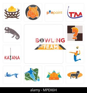 Set Of 13 simple editable icons such as bowling team, dachshund, norse, football, mermaid, volley, katana, chess knight, chameleon can be used for mob Stock Vector