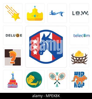 Set Of 13 simple editable icons such as democratic party, hip hop, badminton, welder, 1st birthday, bird nest, chess knight, telecom, deluxe can be us Stock Vector