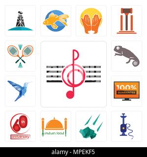 Set Of 13 simple editable icons such as treble clef, shisha, meteorite, indian food, 60th anniversary, 100 guarantee, colibri, chameleon, badminton ca Stock Vector