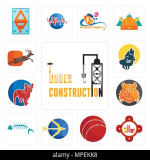 Set Of 13 simple editable icons such as under construction, fire station, cricket ball, sagittarius, fish skeleton, bengal tiger, french bulldog, howl Stock Vector