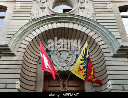 Geneva, Switzerland - August 30, 2016: Palace of Justice building with flags, Geneva old town, Switzerland Stock Photo