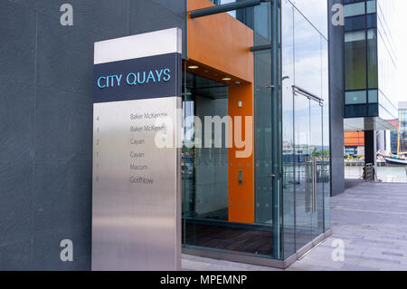 Sign listing tenants at City Quays 1, Belfast, a premium office block on the banks of the River Lagan Stock Photo