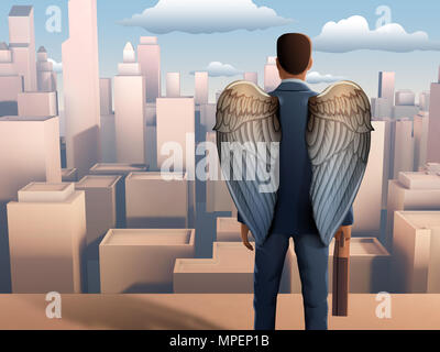 Winged businessman looking over a modern city. 3D illustration. Stock Photo