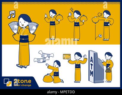 2tone type yellow ocher kimono women set 11 Stock Vector