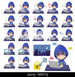 Blue Parker hacker men desk work Stock Vector