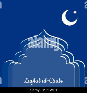 Laylat al-Qadr. Concept of the Islamic religion holiday. Symbolic silhouette of the mosque. Blue shades of color. Moon and star. Paper style Stock Vector