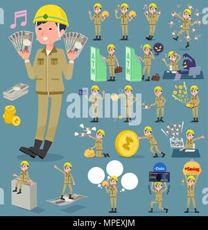 Set of various poses of flat type helmet construction worker man money Stock Vector