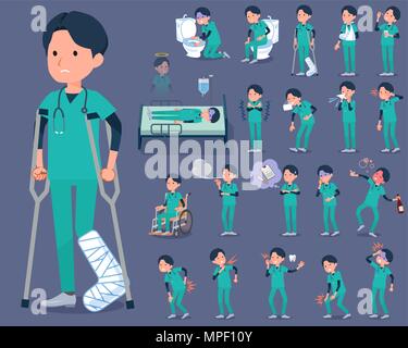 flat type surgical operation green wear men sickness Stock Vector