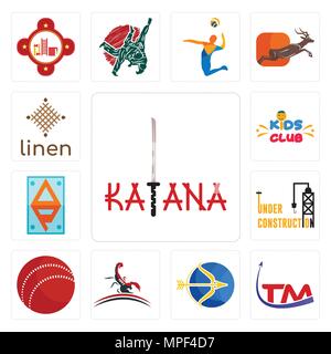 Set Of 13 simple editable icons such as katana, trademark, sagittarius, scorpion, cricket ball, under construction, ap, kids club, linen can be used f Stock Vector