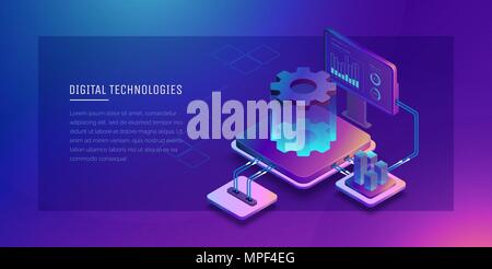 Digital technologies. Monitoring and testing of the digital process. Digital business analysis. Conceptual illustration. Isometric vector illustration. Stock Vector