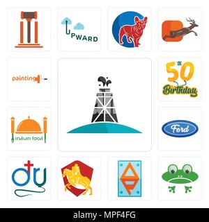 Set Of 13 simple editable icons such as oil derrick, frog, ap, knight on horse, dr., f, indian food, 50th birthday, painting company can be used for m Stock Vector