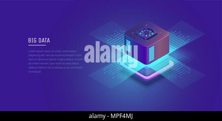 Server. Digital space. Data storage. Data center. Big Date. Conceptual illustration, data flow. Isometric vector illustration. 3D. Stock Vector