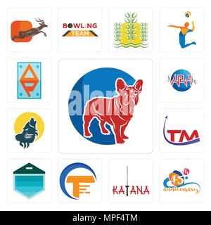 Set Of 13 simple editable icons such as french bulldog, 45th anniversary, katana, traders, garage door, trademark, howling wolf, med, ap can be used f Stock Vector