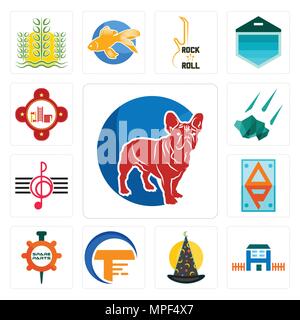 Set Of 13 simple editable icons such as french bulldog, h house, wizard hat, traders, spare parts, ap, treble clef, meteorite, fire station can be use Stock Vector