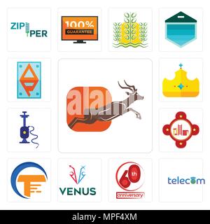 Set Of 13 simple editable icons such as antelope, telecom, 60th anniversary, venus, traders, fire station, shisha, royal, ap can be used for mobile, w Stock Vector