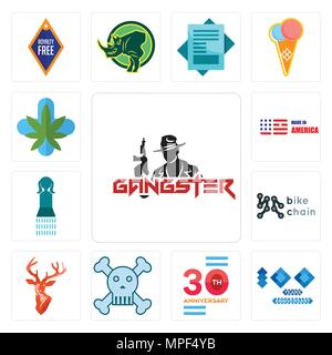Set Of 13 simple editable icons such as gangster, 100 year anniversary, 30 skull and crossbones, stag head, bike chain, girls bathroom, made in americ Stock Vector